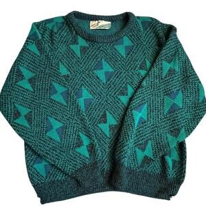 Uniform Code Vintage Teal Green Geometric Star Sweater S USA 80s 90s Knit